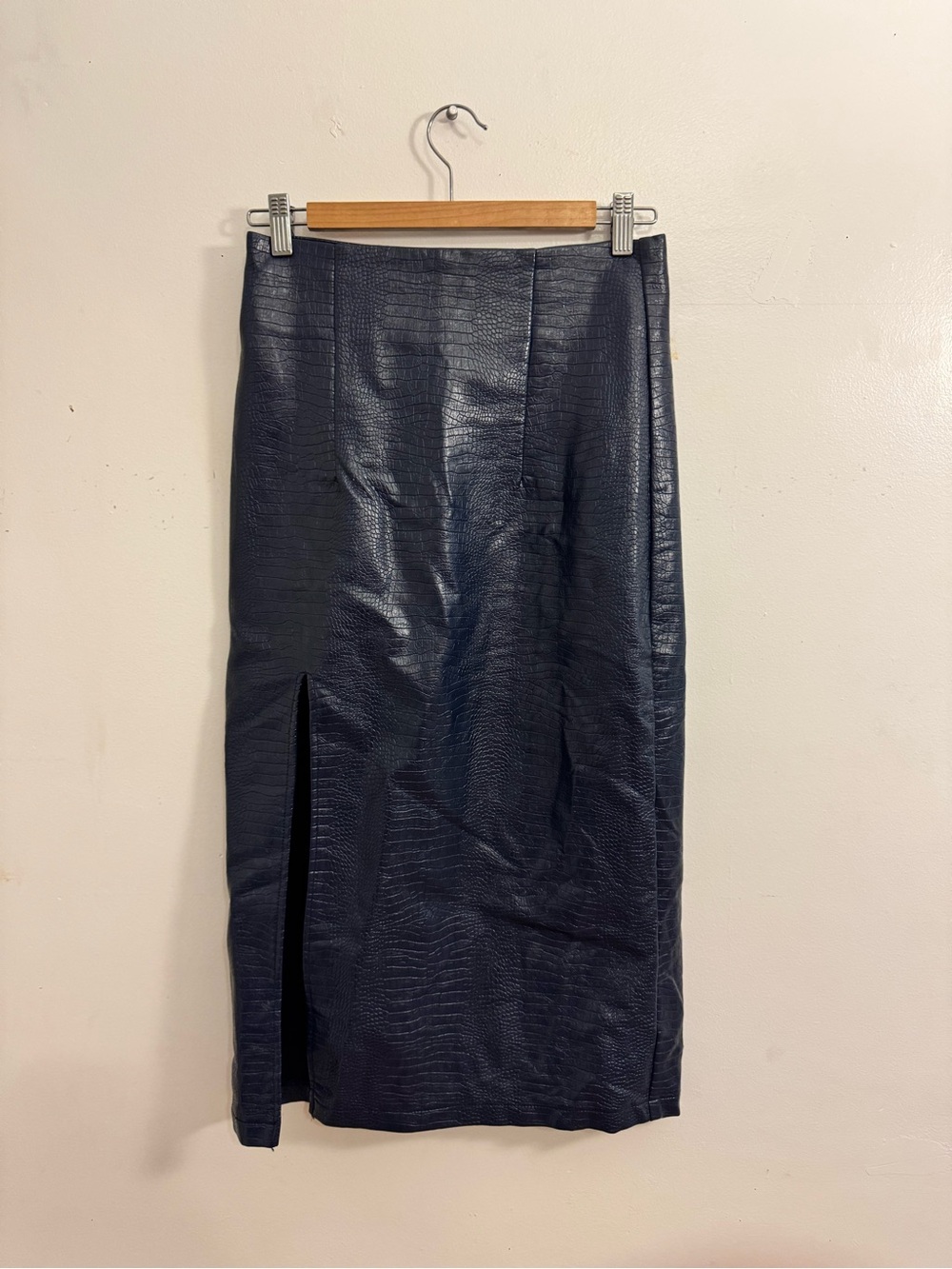 Topshop Navy Croc-Embossed Midi Skirt with Front Slit